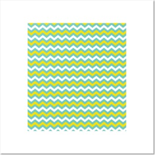 Yellow, Aqua Blue and White Chevron Zigzag Pattern Posters and Art